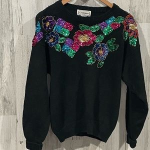 C.G. DESIGNS 80’s Vintage Sequin Black Crew Neck Sweater Size Medium